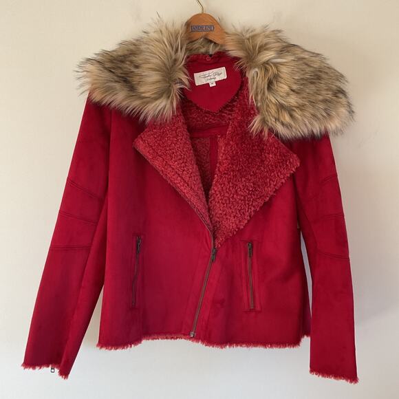 Tasha Polizzi Red Suede Moto Jacket Sz M Detachable Faux Fur Collar Asymmetrical - Picture 1 of 16